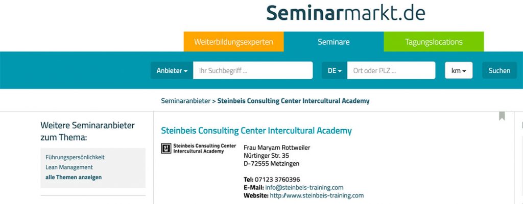 Durch die Aufnahme von Steinbeis Intercultural Academy bei Seminarmarkt.de können Sie sicher sein, dass Sie die beste Qualität erhalten.